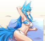  1girl animal_ears arm_behind_head arm_support arm_up armpits bikini blue_hair breasts cleavage fox_ears fox_girl fox_tail glasses highres iwatobi_hiro large_breasts long_hair looking_at_viewer lying multicolored_bikini multicolored_hair navel on_side original rimless_glasses side-tie_bikini sidelocks smile solo strap_gap swimsuit tail two-tone_hair under_boob white_hair yellow_eyes 