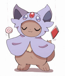  :3 animal_focus candy character_hood closed_eyes closed_mouth clothed_pokemon commentary_request cosplay eevee espeon espeon_(cosplay) food full_body highres kemosuk lollipop no_humans pokemon pokemon_(creature) pokemon_focus simple_background smile solo standing string u_u white_background 