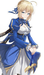  1girl absurdres ahoge armor artoria_pendragon_(fate) black_boots blonde_hair blue_dress blue_ribbon boots brown_pantyhose closed_mouth commentary_request dress fate/stay_night fate/unlimited_blade_works fate_(series) green_eyes hair_ribbon highres honkai:_star_rail honkai_(series) invisible_air_(fate) juliet_sleeves long_sleeves looking_at_viewer non-web_source official_alternate_costume pantyhose pauldrons puffy_sleeves ribbon saber_(fate) saber_(honkai:_star_rail)_(fate) shokobr short_hair shoulder_armor signature simple_background single_pauldron solo white_background 