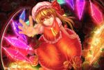  1girl ascot blonde_hair blood bloody_tears flandre_scarlet flower frills hat mob_cap open_mouth redhead rose solo touhou uemura_shun wings 