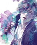  1boy androgynous as_(ashes) blue_eyes brown_hair flower hair_over_one_eye looking_to_the_side male_focus open_clothes open_mouth open_shirt original simple_background solo unbuttoned upper_body wavy_hair 