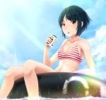  1girl afloat alcohol arm_up beer beer_can blue_sky breasts cleavage clouds day floating green_hair halter_top halterneck highres holding holding_can horizontal_stripes innertube light_rays navel orange_eyes original outdoors phusit short_hair sitting sky small_breasts solo striped striped_bikini_top summer sunbeam sunlight water wet 