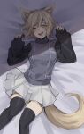  1girl ahoge animal_ear_fluff animal_ears bed_sheet black_socks blonde_hair blush facing_viewer feet_out_of_frame from_above grey_skirt hands_up head_tilt knees_together_feet_apart long_bangs long_sleeves looking_to_the_side medium_hair miniskirt on_bed open_mouth orange_eyes pleated_skirt puffy_long_sleeves puffy_sleeves raised_eyebrows shadow skirt sleeves_past_wrists smile socks solo sweater tail teeth thigh-highs turtleneck turtleneck_sweater upper_teeth_only urotsuki wolf_ears wolf_girl wolf_tail yume_2kki zahyou233 zettai_ryouiki 