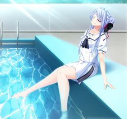  1girl absurdres arms_at_sides ascot barefoot black_ascot black_bow blue_hair blush bow braid closed_eyes closed_mouth commentary crown_braid day feet_out_of_frame from_side hair_bow hair_bun highres knees_together_feet_apart leaning_back long_hair miniskirt outdoors pool pool_ladder poolside puffy_short_sleeves puffy_sleeves relaxing sailor_collar school_uniform serafuku shirt shootinghaze short_sleeves sidelocks single_hair_bun sitting skirt smile soaking_feet solo sorakado_ao straight_hair summer_pockets summer_pockets_school_uniform sunlight water water_drop white_sailor_collar white_serafuku white_shirt white_skirt 