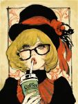 1girl as_(ashes) blonde_hair coffee collared_shirt drinking eyelashes glasses green_eyes hat looking_at_viewer original red_lips simple_background solo 