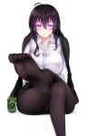  1girl ahoge beer_can beifeng_han black_hair black_legwear blush breasts can drunk feet gradient_hair hair_between_eyes highres jacket_on_shoulders legs_crossed long_hair looking_at_viewer miyaura_sanshio multicolored_hair no_shoes office_lady original panties panties_under_pantyhose pantyhose pov_feet purple_hair revision simple_background soles solo toes underwear uniform violet_eyes wavy_hair white_background 