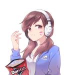  1girl alternate_hairstyle artist_name blue_jacket brand_name_imitation brown_eyes brown_hair clothes_writing collarbone d.va_(overwatch) doritos eating eyebrows eyebrows_visible_through_hair facepaint facial_mark fingernails food food_in_mouth food_on_face hair_ornament hair_tie hand_up headphones highres holding jacket long_hair long_sleeves looking_at_viewer low-tied_long_hair low_twintails overwatch panza shirt simple_background solo tied_hair twintails upper_body whisker_markings white_background white_shirt 