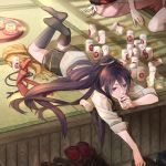  2boys amazake_(drink) black_legwear drinking fudou_yukimitsu kneehighs lying male_focus multiple_boys on_stomach out_of_frame ponytail purple_hair shoes_removed souza_samonji tobacco_(tabakokobata) touken_ranbu violet_eyes 