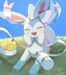  alternate_color berry_(pokemon) blue_sky blush bottle bow closed_eyes commentary fang food fresh_water_(pokemon) grass highres hokaimo_pkmn holding holding_bottle holding_food no_humans odaibako on_grass open_mouth outdoors pokemon pokemon_(creature) ribbon shiny_pokemon sitrus_berry sitting skin_fang sky smile solo sylveon water_bottle 