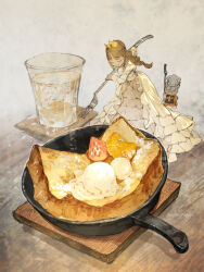  1girl braid bread bread_slice brown_hair chef_hat closed_eyes closed_mouth creature cup demizu_posuka dress drink drinking_glass food fork frying_pan gold_tiara hat highres holding holding_fork ice_cream long_hair mini_person minigirl original single_braid toast white_dress 