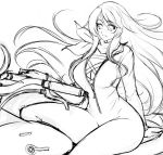  1girl alternate_costume breasts cleavage curvy grin ground_vehicle hijiri_byakuren jumpsuit large_breasts lineart long_hair mazume monochrome motor_vehicle motorcycle parted_lips scarf sitting sketch smile solo touhou very_long_hair 