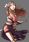  1girl 2016 armor artist_name breastplate brown_eyes brown_hair commentary dated fire_emblem fire_emblem_if gauntlets grey_background headband highres holding holding_sword holding_weapon japanese_clothes katana kazahana_(fire_emblem_if) killuba kimono long_hair looking_up obi open_mouth pelvic_curtain sash scabbard serious sheath short_kimono simple_background single_thighhigh solo sword teeth thigh-highs unsheathing wavy_hair weapon 