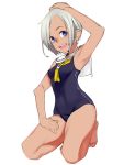  1girl :d arm_up armpits blue_eyes breasts dark_skin emokakimasu highres kneeling looking_at_viewer one-piece_swimsuit open_mouth original sailor_collar short_hair silver_hair smile solo swimsuit teeth 