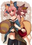  2girls animal_ears back-to-back black_legwear bow breasts brown_eyes brown_hair crossover fang fate/extra fate_(series) fox_ears fox_tail futatsuiwa_mamizou glasses hair_bow heart highres japanese_clothes leaf leaf_on_head locked_arms multiple_girls open_mouth pink_hair raccoon_ears raccoon_tail sideboob skirt smile tail tamamo_(fate)_(all) tamamo_no_mae_(fate) thigh-highs touhou twintails yellow_eyes zunsun 
