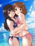  2girls bikini black_hair blush brown_eyes brown_hair clouds cloudy_sky day dutch_angle hibike!_euphonium hug keisuke_(0320030103200301) kousaka_reina long_hair multiple_girls ocean oumae_kumiko outdoors short_hair sky swimsuit violet_eyes yuri 