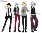  4girls absurdres adjusting_clothes adjusting_hat alice_margatroid alternate_costume alternate_hairstyle arm_up armpit_peek bare_shoulders bead_bracelet beads belt black_hat black_jacket black_pants black_shoes black_vest blonde_hair blue_eyes blue_hair bracelet brown_pants cardigan cigarette collarbone collared_shirt contemporary full_body hairband hand_in_pocket hat highres holding_cigarette izayoi_sakuya jacket jewelry light_smile looking_at_viewer multiple_girls necklace necktie no_hat no_headwear older open_clothes open_jacket open_vest pants parted_lips pointy_ears red_eyes red_necktie red_pants remilia_scarlet ring rumia shirt shoes short_hair shukusuri sidelocks silver_hair sleeveless sleeves_rolled_up smile sunglasses_around_neck t-shirt tank_top touhou twitter_username vest white_shirt 