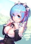  +15 1girl bare_shoulders blue_eyes blue_hair blush breasts cleavage cleavage_cutout detached_sleeves eyebrows eyebrows_visible_through_hair eyes_visible_through_hair frills hair_ornament hair_over_one_eye hair_ribbon hairband large_breasts looking_at_viewer maid maid_headdress pink_ribbon re:zero_kara_hajimeru_isekai_seikatsu rem_(re:zero) ribbon short_hair solo upper_body x_hair_ornament 