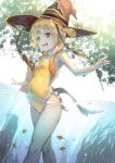 1girl blonde_hair breasts covered_navel day fish hat horn neo-masterpeacer one-piece_swimsuit open_mouth original outdoors outstretched_arms pointy_ears small_breasts smile solo summer sunlight swimsuit tail teeth tree two_side_up wading water witch_hat yellow_eyes yellow_swimsuit 