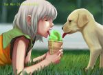  1girl bukimi_isan closed_eyes derivative_work dog face food grass grey_hair highres ice_cream komeiji_koishi licking lying no_hat no_headwear on_stomach puppy shared_food short_hair solo the_war_of_koishi_chan touhou 