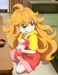  1girl amaama_to_inazuma barefoot blush bowl child eating eyebrows eyebrows_visible_through_hair feet holding indoors inuzuka_tsumugi long_hair shadow shiny shiny_hair sitting solo spoon table window 