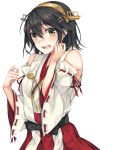  1girl :d aiguillette alternate_hair_length alternate_hairstyle bare_shoulders black_hair blush brown_eyes collarbone cowboy_shot detached_sleeves eyebrows eyebrows_visible_through_hair hair_ornament hairclip haruna_(kantai_collection) headgear highres japanese_clothes kantai_collection kimono long_sleeves looking_at_viewer nontraditional_miko open_mouth red_ribbon red_skirt ribbon ribbon-trimmed_sleeves ribbon_trim rinarisa round_teeth short_hair skirt sleeveless sleeveless_kimono smile teeth wide_sleeves 