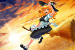  1girl :d blonde_hair bow braid broom broom_riding flying hat hat_bow kirisame_marisa mary_janes open_mouth shoes side_braid smile solo sunset touhou uemura_shun witch_hat yellow_eyes 