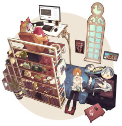  1boy 2girls :d ^_^ animal_hood arched_bangs arm_support bed bed_sheet black_kimono black_pants blanket blue_eyes blush book bookshelf boots broken_horn brown_background cable cactus cat_hood character_pillow closed_eyes clothes_hanger commentary_request computer computer_keyboard computer_mouse cube cup envelope eye_mask fang flower_pot food grey_hair hair_ornament hair_scrunchie hassaku_yuzu hassaku_yuzu_(1st_costume) hood hood_down hoodie horns hugging_own_legs id_card izumo_kasumi_(nijisanji) japanese_clothes kimono lanyard letter long_hair long_sleeves looking_to_the_side lying monitor multicolored_hair multiple_girls nakao_azuma nakao_azuma_(1st_costume) nijisanji notepad object_request on_back on_bed open_mouth orange_hair orange_hoodie pants parted_bangs pencil phone_stand picture_frame pillow plant plate potted_plant red_boots red_hair red_scrunchie red_thighhighs sacanahen scrunchie shelf shirt short_hair short_sleeves sitting skin_fang sleep_mask sleeping smartphone_case smile stereo streaked_hair stuffed_animal stuffed_dragon stuffed_panda stuffed_toy stylus suzuki_masaru t-shirt table tablet_pc thigh-highs tray two-tone_background umiyasha_no_kami unworn_lanyard unworn_shirt uzuki_kou v-neck virtual_youtuber white_background white_hair white_shirt wide_sleeves window 