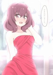  1girl absurdres blush collarbone dress highres indoors looking_at_viewer medium_hair okaasan_(okaasandx) open_mouth purple_hair red_dress smile solo sugiura_ayano's_mother translation_request violet_eyes yuru_yuri 