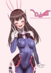  1girl absurdres bangs blush bodysuit bracer breasts breasts_apart brown_hair bunny_print character_name cowboy_shot d.va_(overwatch) facepaint facial_mark gloves hand_up headphones highres legs_together long_hair long_sleeves medium_breasts open_mouth overwatch pauldrons pilot_suit ribbed_bodysuit shoulder_pads skin_tight smile solo turtleneck v whisker_markings white_gloves 