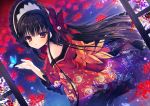  1girl black_hair blush butterfly flower japanese_clothes kimono lolita_fashion long_hair looking_at_viewer original red_eyes rubi-sama solo water 