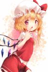  1girl akisha ascot blonde_hair bow flandre_scarlet hat hat_bow highres lying mob_cap open_mouth red_eyes side_ponytail solo sparkle touhou wings 