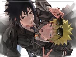  2boys adjusting_eyewear arm_around_shoulder arm_up black_eyes black_jacket black_necktie black_shoes black_suit blue_eyes cigarette collared_shirt commentary_request eyewear_on_head facial_mark formal_clothes gloves head_back highres i2d0012 jacket jacket_on_shoulders korean_commentary lapels layered_sleeves long_sleeves looking_at_viewer looking_to_the_side looking_up lower_teeth_only male_focus multiple_boys naruto naruto_(series) naruto_shippuuden necktie notched_lapels open_clothes open_jacket open_mouth orange_necktie shirt shoes sideways_glance smoking standing suit suit_jacket sunglasses teeth uchiha_sasuke uzumaki_naruto whisker_markings white_shirt wing_collar 