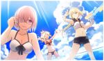  3girls aki_(neyuki41028) alternate_costume armpits artoria_pendragon_(swimsuit_archer)_(fate) bare_arms bikini blonde_hair blue_eyes breasts closed_eyes clouds cloudy_sky crop_top fate/grand_order fate_(series) front-tie_top hair_over_one_eye long_hair looking_at_viewer looking_to_the_side medium_breasts mordred_(swimsuit_rider)_(fate) mother_and_daughter multiple_girls ocean one_eye_closed open_mouth outdoors purple_hair red_bikini saber saber_of_red shielder_(fate/grand_order) shirt short_hair short_ponytail shorts sky sleeveless sleeveless_shirt smile splashing swimsuit violet_eyes water_gun white_bikini 
