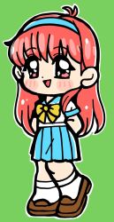  1girl arms_behind_back bkub blue_hairband blue_sailor_collar blue_skirt blush_stickers bow brown_shoes deformed dot_nose fujisaki_shiori full_body green_background hairband highres kirameki_high_school_uniform loafers long_hair looking_at_viewer open_mouth outline pleated_skirt red_eyes red_hair sailor_collar school_uniform serafuku shirt shoes short_sleeves simple_background skirt smile socks solo standing tokimeki_memorial tokimeki_memorial_1 white_outline white_shirt white_socks yellow_bow 