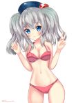  1girl bikini blue_eyes blush breasts cleavage hat highres kantai_collection kashima_(kantai_collection) keyspace leaning long_hair looking_at_viewer navel silver_hair solo swimsuit twintails v 