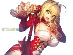  1girl :d aestus_estus ahoge armpits blonde_hair breasts cleavage dress epaulettes fate/extella fate/extra fate_(series) green_eyes hair_intakes hair_ribbon highres juliet_sleeves large_breasts long_sleeves looking_at_viewer melon22 open_mouth puffy_sleeves red_dress red_ribbon ribbon saber_extra short_hair sideboob smile solo sword upper_body weapon 