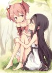  2girls akemi_homura anklet barefoot black_hair blush box brown_eyes choker closed_mouth collarbone dress gift gift_box hair_ribbon highres holding jewelry kaname_madoka kyuri long_hair looking_at_another mahou_shoujo_madoka_magica multiple_girls outdoors own_hands_together parted_lips pink_hair profile red_ribbon ribbon sitting smile twintails very_long_hair white_dress 