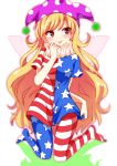  1girl absurdres american_flag_legwear american_flag_shirt blonde_hair blush chako_(chakoxxx) clownpiece fairy_wings full_body hat highres jester_cap long_hair looking_away neck_ruff pantyhose polka_dot red_eyes shirt short_sleeves smile solo star star_print striped tongue tongue_out touhou very_long_hair wings 