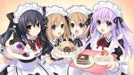  4girls :d absurdres black_hair blue_eyes blush bow bowtie brown_hair cake choujigen_game_neptune dessert food fruit game_cg highres holding long_hair looking_at_viewer maid maid_headdress multiple_girls nepgear neptune_(series) official_art open_mouth pie plate purple_hair ram_(choujigen_game_neptune) red_eyes ribbon rom_(choujigen_game_neptune) short_sleeves siblings slice_of_cake smile strawberry strawberry_shortcake tray tsunako twins uni_(choujigen_game_neptune) violet_eyes wrist_cuffs 