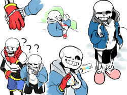  2018 2boys 2d ? armor artist_name black_shorts blue_jacket blue_shorts bottle brothers cape commentary confused couch digital_media duo english_commentary english_text gloves grey_hood hand_on_own_chin hand_on_own_hip heart heart_hands heart_in_heart_hands height_difference holding holding_bottle holding_hands hollow_eyes hood hood_down hooded_jacket humanoid jacket ketchup ketchup_bottle l_hand male male_focus male_only mismatched_gloves monster monster_boy multiple_boys multiple_views one_eye_closed open_clothes open_jacket papyrus_(undertale) pink_slippers red_cape red_gloves sans_(undertale) shirt shorts siblings simple_background single_vertical_stripe skeleton slippers socks stain stained_clothes striped_shorts teeth text undead undertale uneven_eyes utdr_(toby_fox) veah3 vertical-striped_clothes vertical-striped_shorts white_armor white_background white_shirt white_socks white_stripes 