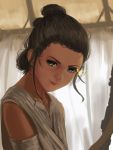  1girl brown_hair completion_time curtains green_eyes hettsuaa highres indoors lips rey_(star_wars) ringlets robe sidelocks smile solo sparkling_eyes staff star_wars star_wars:_the_force_awakens sweat 