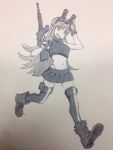  1girl arai_hiroki boots female full_body gloves gradient gradient_background gun holster long_hair midriff monochrome muzzle_(trigger) navel sketch skirt smile solo thigh-highs thigh_holster traditional_media trigger_(company) walking weapon 