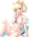  1girl :d animal_ears bare_shoulders bikini blonde_hair blue_eyes blue_ribbon blush breasts buttons cat_ears cat_tail cleavage collarbone final_fantasy final_fantasy_xiv food front-tie_bikini front-tie_top green_eyes heterochromia highres holding holding_food knee_up long_hair looking_at_viewer md5_mismatch medium_breasts miqo&#039;te navel off_shoulder open_clothes open_mouth open_shirt ponytail popsicle ribbon shirt short_sleeves simple_background sitting smile solo stomach swimsuit tail tiphereth unbuttoned unbuttoned_shirt whisker_markings white_background white_bikini white_shirt 