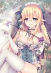  1girl :p absurdres bare_shoulders blonde_hair blue_eyes blush breasts cleavage glasses hat heterochromia highres large_breasts licking_lips long_hair looking_at_viewer panties pointy_ears sitting smile solo string_panties tongue tongue_out tsukikage_nemu underwear violet_eyes weapon white_legwear 