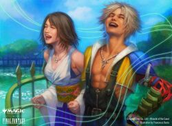  1boy 1girl black_bra black_overalls blonde_hair bra bra_peek brown_hair closed_eyes commentary copyright_name copyright_notice detached_sleeves english_commentary final_fantasy final_fantasy_x hakama hakama_skirt head_back highres japanese_clothes jewelry laughing magic:_the_gathering necklace niji707 obi official_art overalls purple_hakama railing sash short_hair skirt smile tidus underwear yuna_(ff10) 