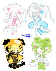  4others androgynous animal_ears antennae blonde_hair blush_stickers bomal1215 bow cat_ears cat_tail chibi chibi_only colored_skin commentary computer_keyboard computer_mouse cursor cyber_fashion dog_ears dog_tail english_commentary frutiger_aero glasses globe green_hair hair_ornament head_wings hood hoodie internet_explorer keycap long_sleeves microsoft_windows multiple_others original other_focus pink_bow short_hair sign simple_background sleeves_past_fingers sleeves_past_wrists smiley_face smiley_hair_ornament tail warning_sign white_background white_hair white_skin windows_logo wings yellow_hoodie 