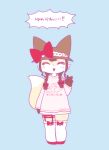  1girl artist_request closed_eyes female flat_color fox full_body furry hat japanese open_mouth simple_background solo translation_request waving 