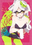  +_+ 1girl arched_back bare_shoulders bent_over blush bow breasts cleavage collarbone detached_collar domino_mask dress earrings female food food_on_head gloves hair_bow hair_ornament hoop_earrings hotaru_(splatoon) jewelry mask mole mole_under_eye object_on_head open_mouth orange_eyes pointy_ears solo splatoon strapless strapless_dress symbol-shaped_pupils tentacle_hair uwipi white_gloves white_hair 