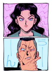  1boy 1girl black_hair commentary diamond_wa_kudakenai gakuran highres jojo_no_kimyou_na_bouken long_hair nijimura_okuyasu oniyama831 raised_eyebrow school_uniform serafuku violet_eyes wavy_hair yamagishi_yukako 