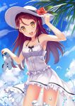  1girl :d blush breasts cleavage clouds dance_of_eternity dress flower hair_ornament hand_on_headwear hat hat_flower highres holding holding_shoes long_hair love_live! love_live!_sunshine!! open_mouth panties pantyshot redhead sakurauchi_riko sandals_removed shoes sky smile solo sun_hat sundress underwear water yellow_eyes 